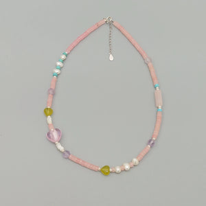 Pink Rose Quartz Pearl Jade Glaze 925 Silver Choker Necklace Collar