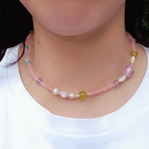 Pink Rose Quartz Pearl Jade Glaze 925 Silver Choker Necklace Collar