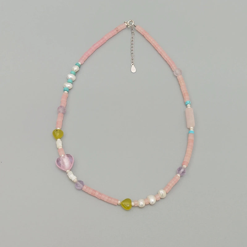 Pink Rose Quartz Pearl Jade Glaze 925 Silver Choker Necklace Collar