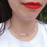 Pink Rose Quartz Pearl Jade Glaze 925 Silver Choker Necklace Collar