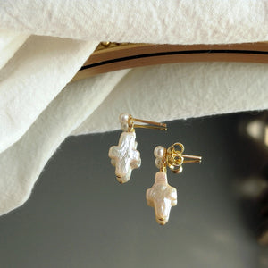 Freshwater Pearl Cross Shape Silver Stud Earrings For Women