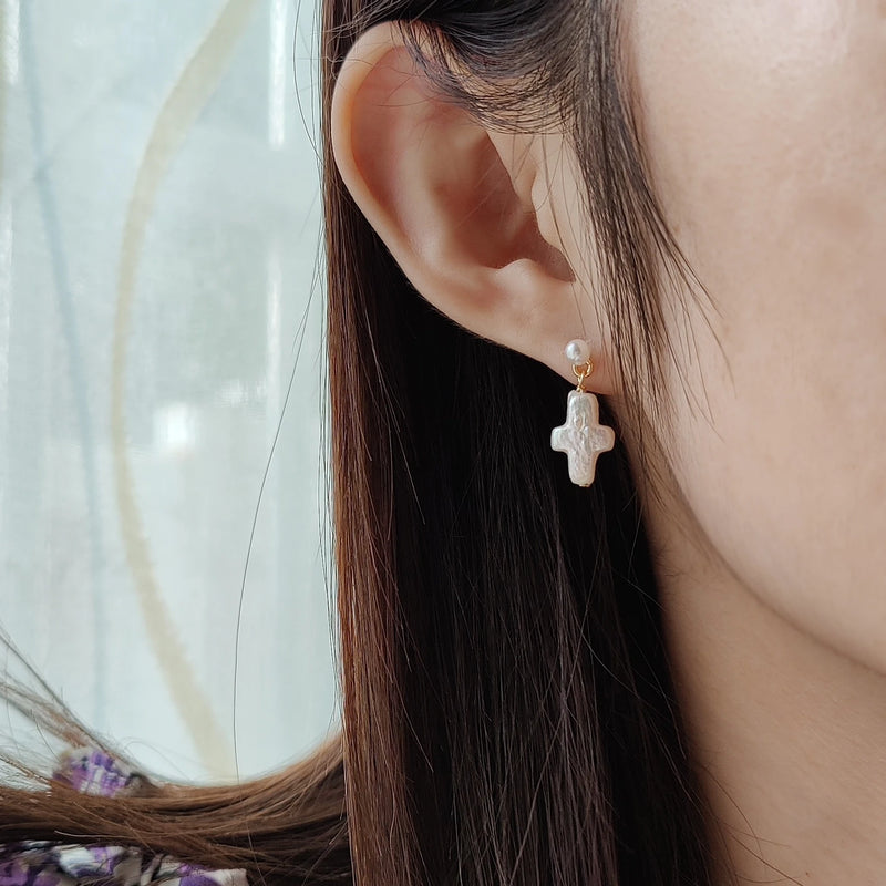 Freshwater Pearl Cross Shape Silver Stud Earrings For Women