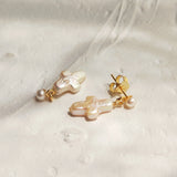 Freshwater Pearl Cross Shape Silver Stud Earrings For Women