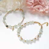 Green Aventurine With Pearl Plated Bracelet Natural Stone Boho Jewelry