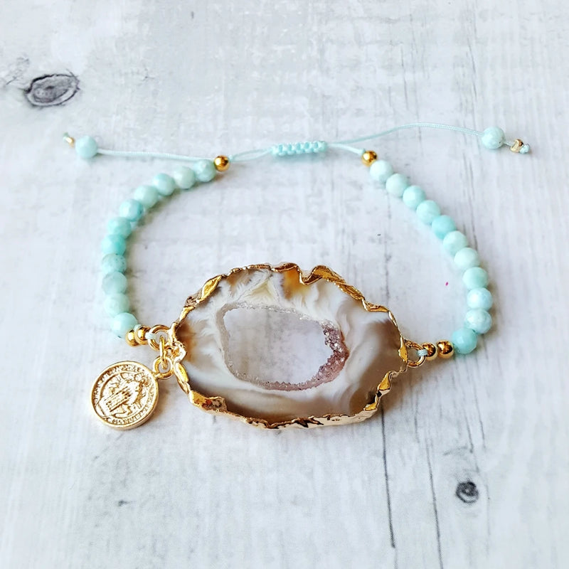 Larimar Drusy Druzy Crystal Agate Natural Stone Bracelet