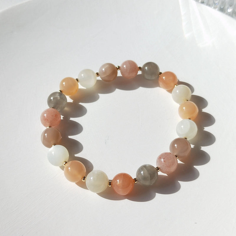 Moonstone Sunstone Beaded Bracelet 14K Filled Elastic Bracelet