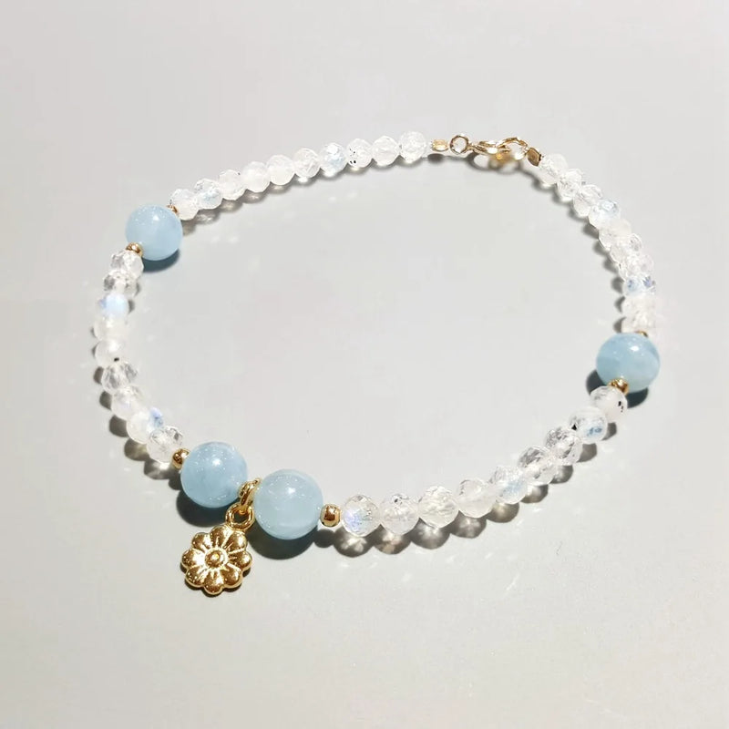 Aquamarine Moonstone 925 Silver Flower Bracelet 18K Plated
