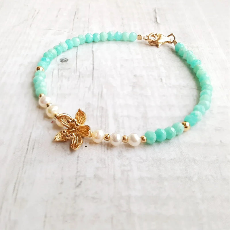 Natural Light Amazonite Pearl Charm 925 Silver Plated Flower Clasp Jewelry