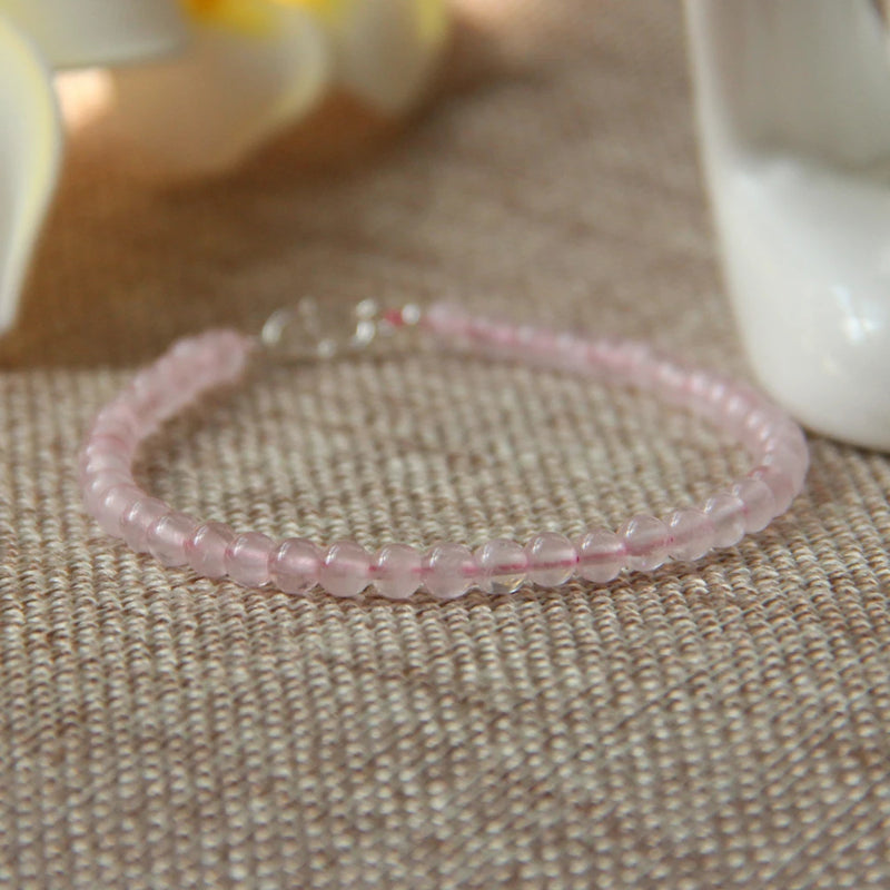 Rose Quartz 4mm Beads 925 Silver Bracelet Women Gift