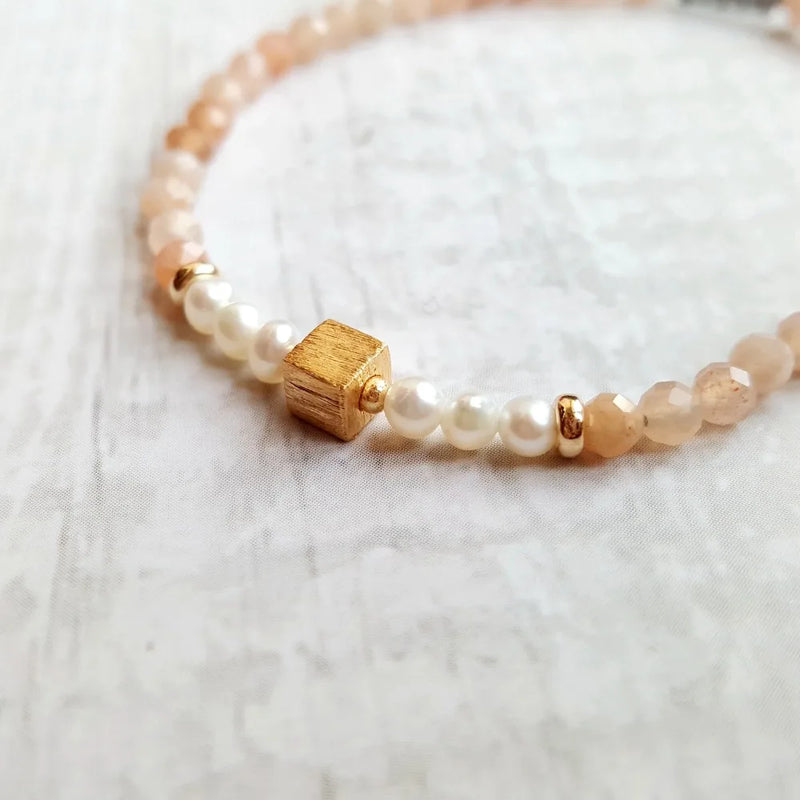 Sunstone Pearl Cube Bracelet 925 Silver Plated Delicate Jewelry