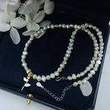 Real Pearl Mini Necklace 925 Silver Rose Flowers Pendant for Women