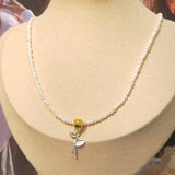 Real Pearl Mini Necklace 925 Silver Rose Flowers Pendant for Women