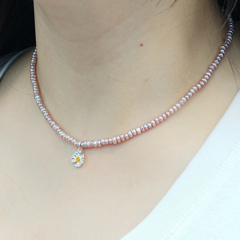 Purple Pink Choker Necklace Real Pearl 925 Sterling Silver Daisy Pendant