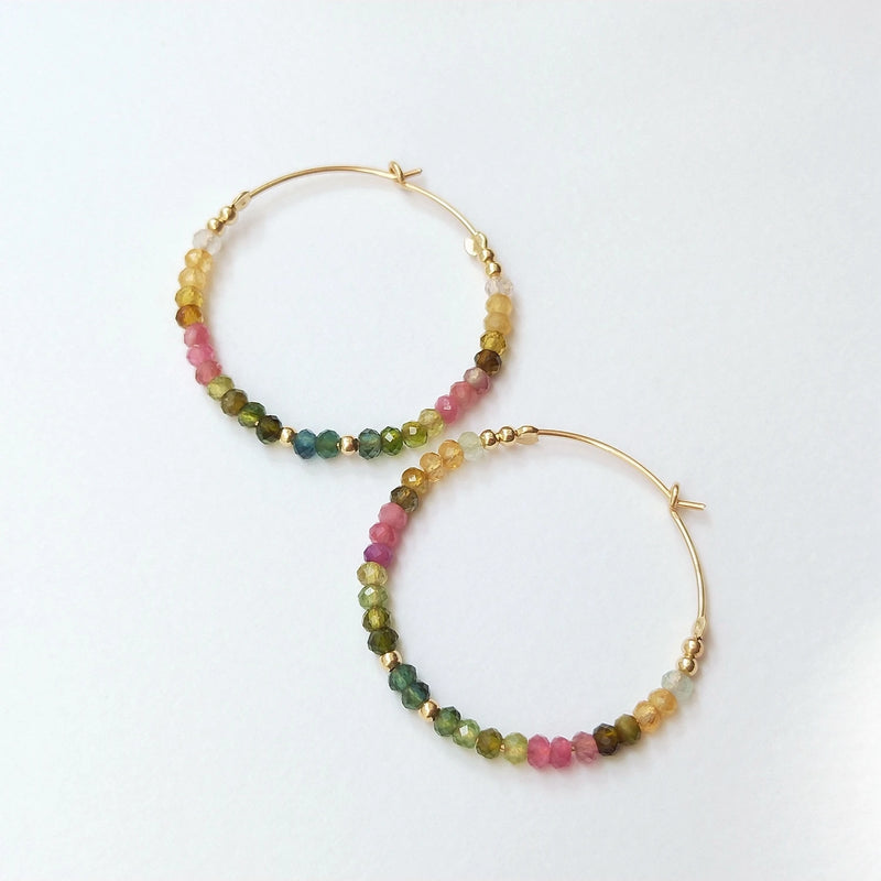 Rainbow Tourmaline 14K Filled Hoop Earrings Real Gemstone Jewelry