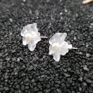 925 Silver Crystal Flowers Pearl Stud Earrings Women Gift