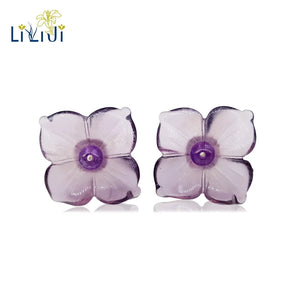 925 Silver Purple Crystal Flower Amethyst Stud Earrings