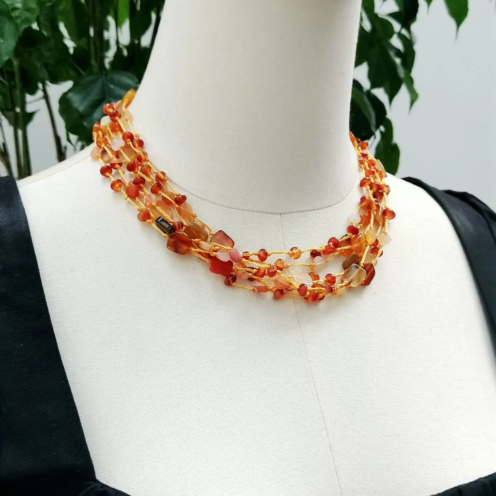 Agate Orange Necklace Multi Strand Statement Women Jewelry