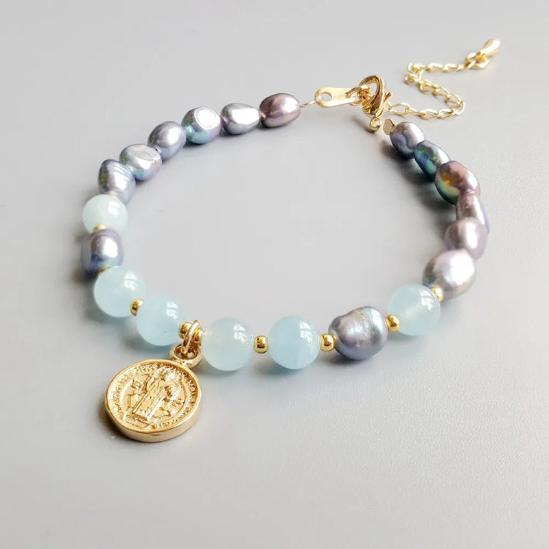 Aquamarine Pearl Stone Bracelet for Women and Child