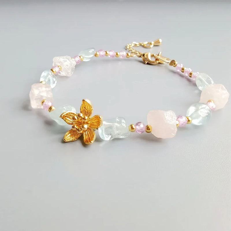 Aquamarine Rose Quartz Pink Zircon Stone Bracelet Flower Charm