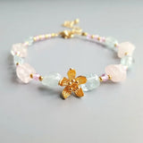 Aquamarine Rose Quartz Pink Zircon Stone Bracelet Flower Charm