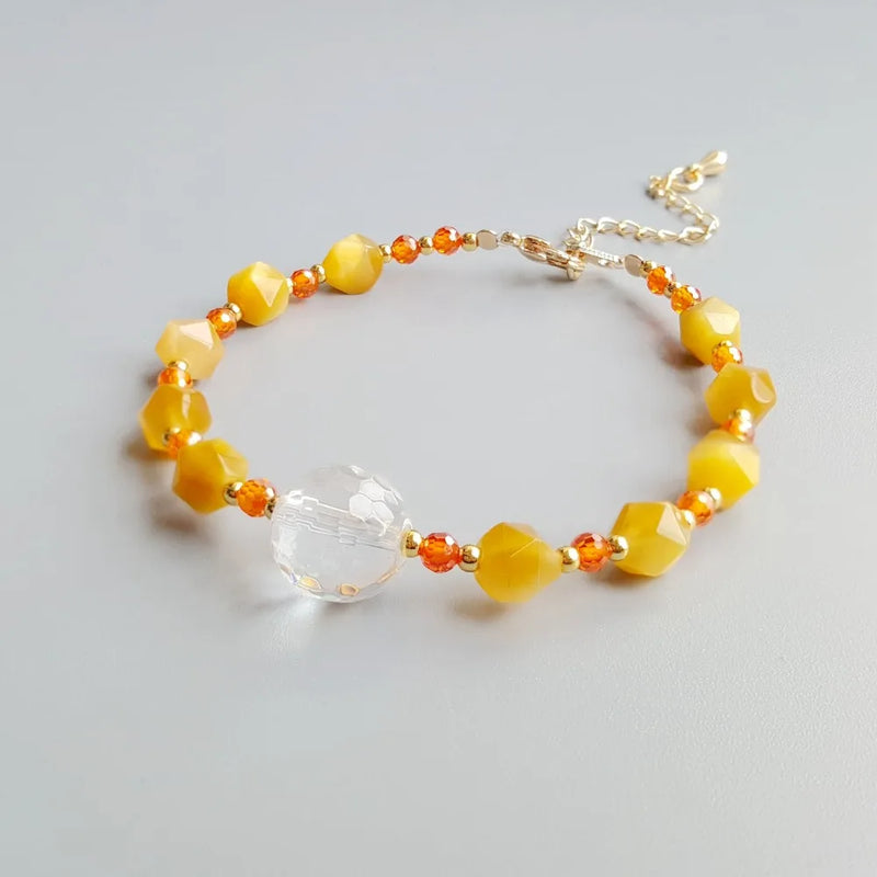 Clear Quartz Golden Tiger's Eye Beaded Bracelet for Women