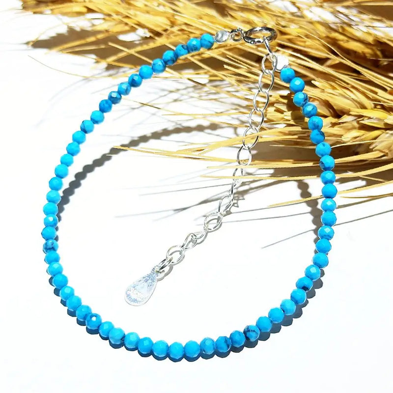 Turquoise Faceted Beads 2mm Bracelet 925 Sterling Silver Clasp Adjustable
