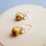 Golden Tiger's Eye Pearl Earrings 925 Silver Delicate Drop Jewelry