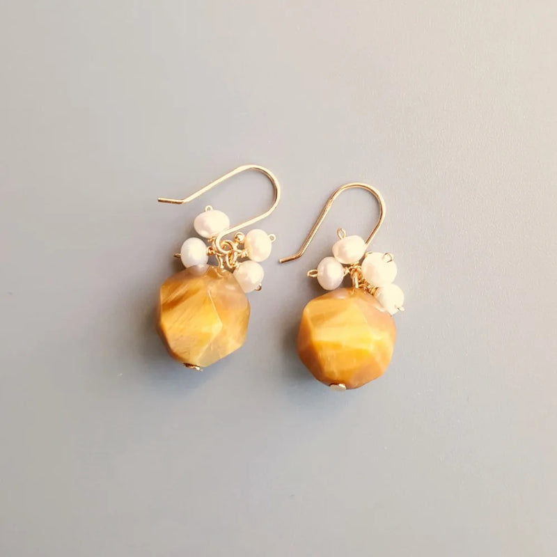 Golden Tiger's Eye Pearl Earrings 925 Silver Delicate Drop Jewelry
