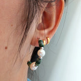 Jade Pearl Earrings 925 Sterling Silver Green Stone Freshwater Pearl Hoops