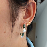 Jade Pearl Earrings 925 Sterling Silver Green Stone Freshwater Pearl Hoops