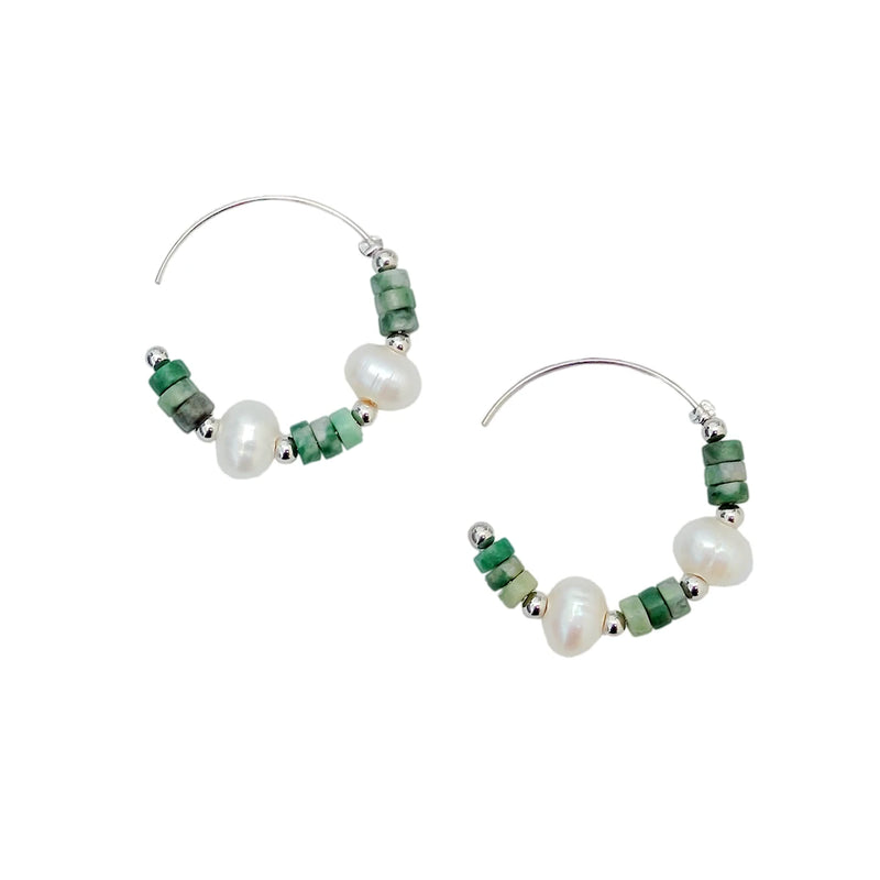 Jade Pearl Earrings 925 Sterling Silver Green Stone Freshwater Pearl Hoops