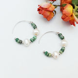 Jade Pearl Earrings 925 Sterling Silver Green Stone Freshwater Pearl Hoops