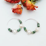 Jade Pearl Earrings 925 Sterling Silver Green Stone Freshwater Pearl Hoops