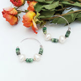 Jade Pearl Earrings 925 Sterling Silver Green Stone Freshwater Pearl Hoops