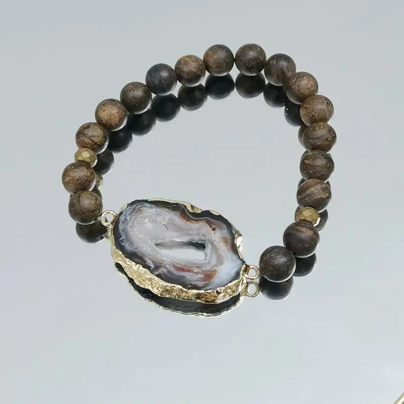 Real Stone Brown Bracelet Bronzite Druzy Quartz Charm 17-18cm