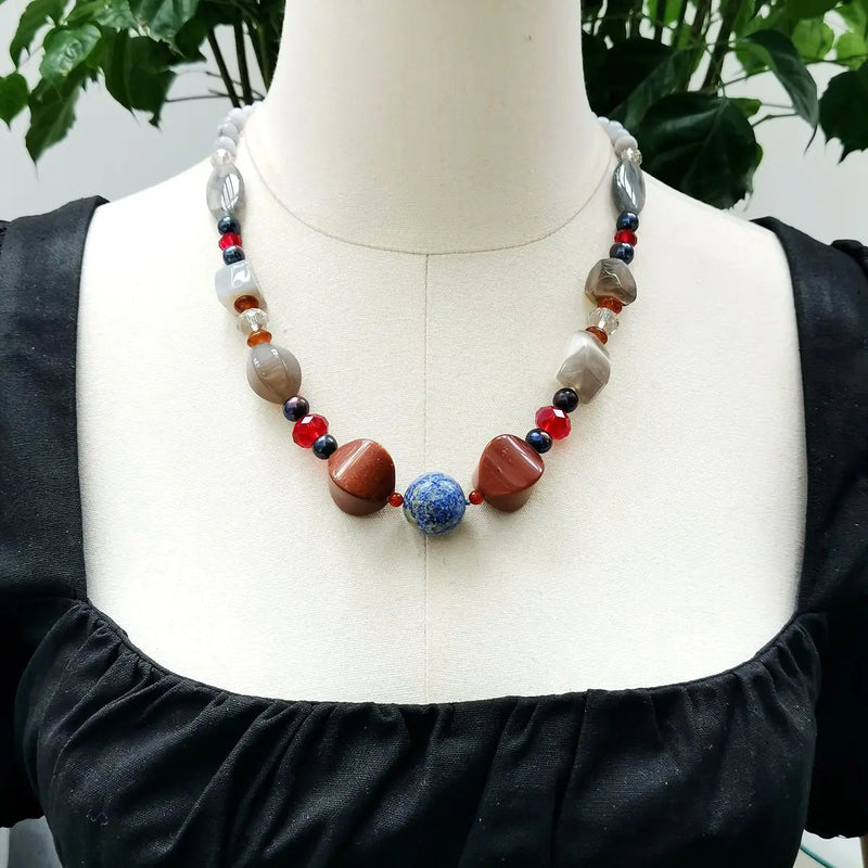 Stone Choker Necklace Lapis Lazuli Sandstone Gray Quartz Women Jewelry