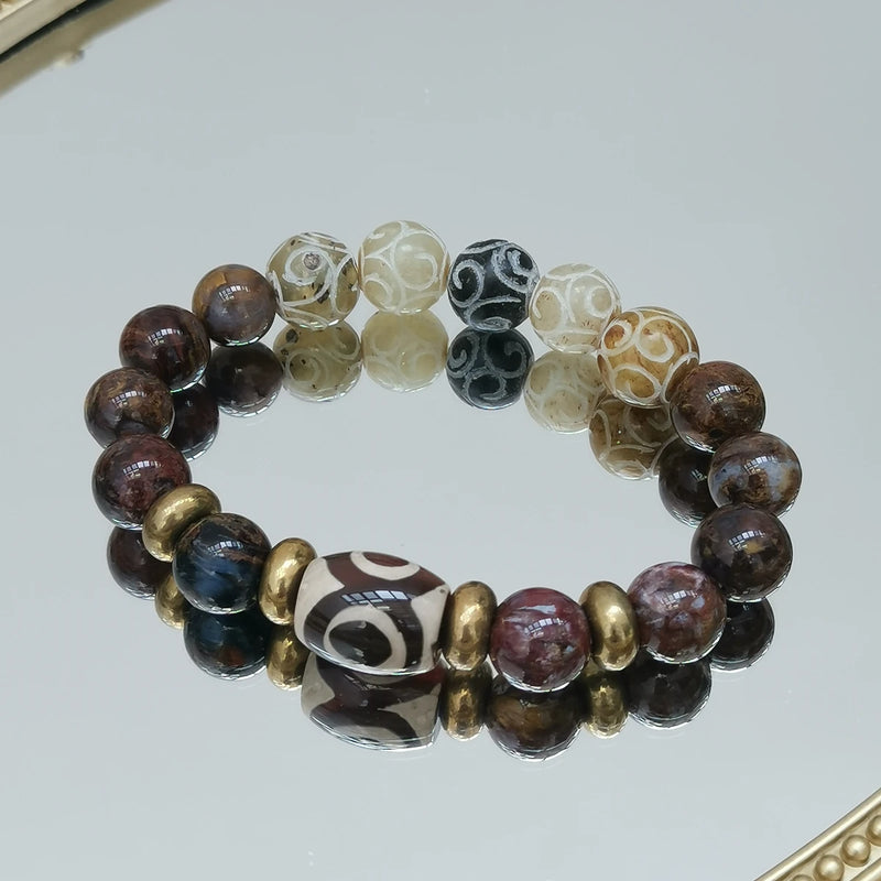 Green Brown Jade Pietersite Agate DZI Bracelet 18-19cm