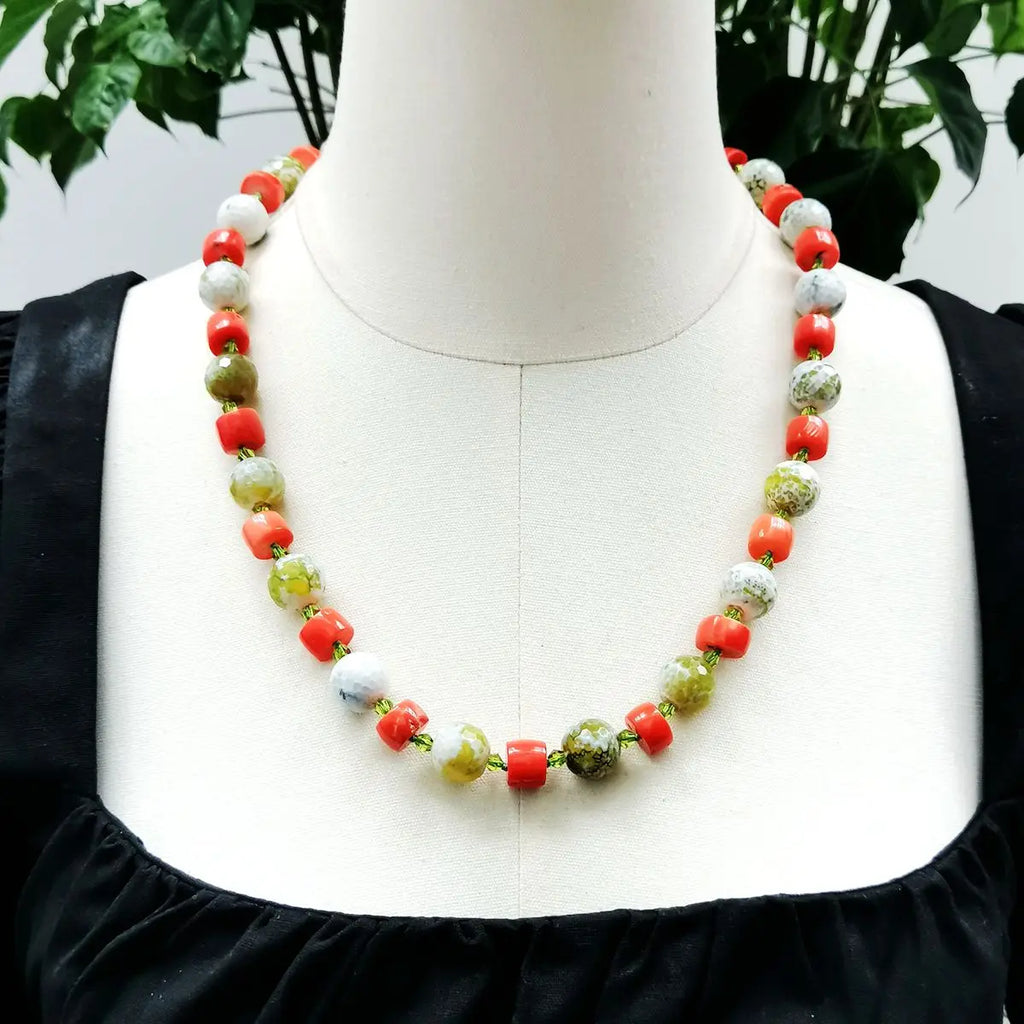 Real Stone Green Orange Necklace Agate Crystal Coral Necklace Women Jewelry Gift