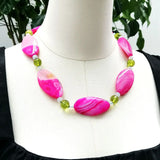 Real Stone Hot Pink Green Necklace Agate Crystal Choker Big Jewelry