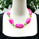 Real Stone Hot Pink Green Necklace Agate Crystal Choker Big Jewelry