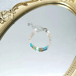 Gray Agates Turquoises Carnelian Pearl Bracelet