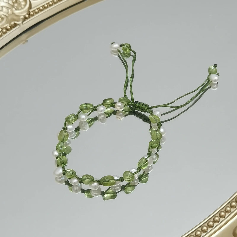 Real Stone Peridot Pearl Green Bracelet 17-24cm