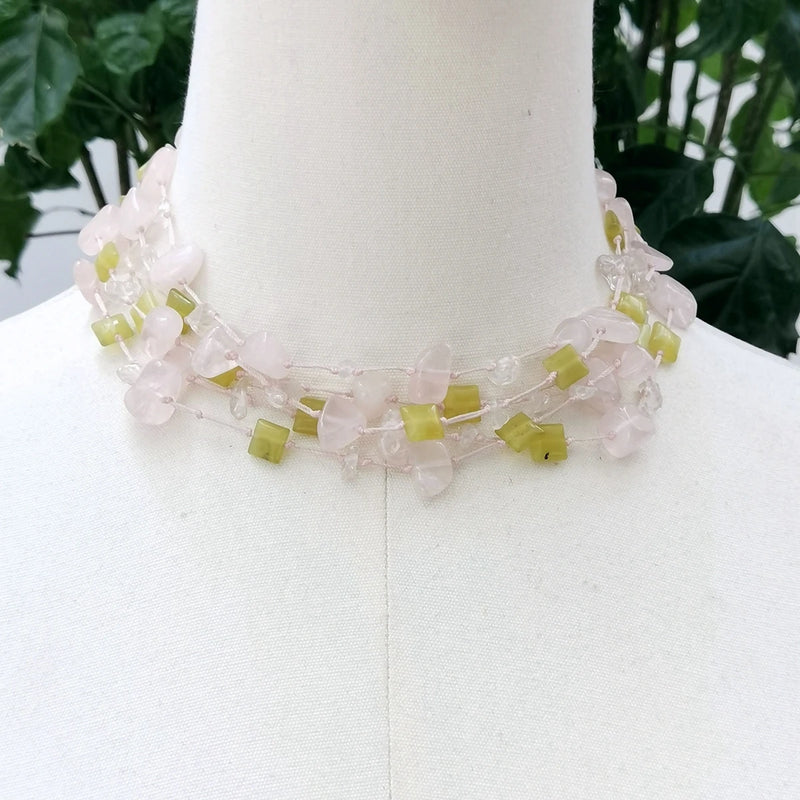 Real Stone Pink Green Necklace - Rose Quartz Lemon Jade Choker