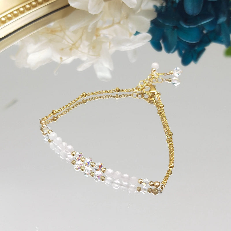 Rose Quartz 3mm Natural Stone 14K Filled Bracelet Bohe Jewelry
