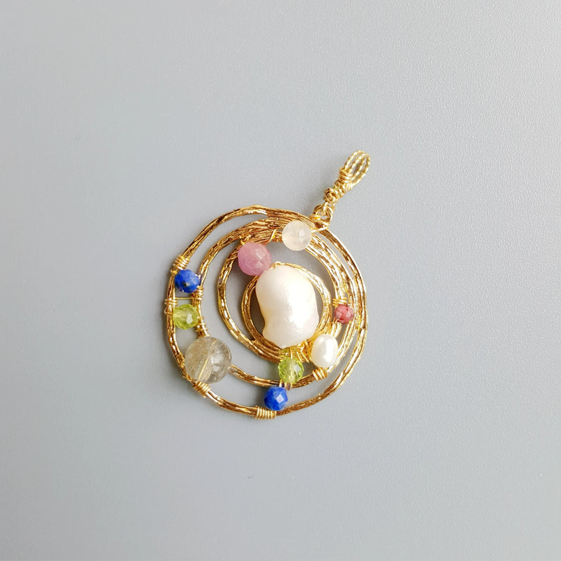 Freshwater Pearl Ruby Lapis Geometric Circle Pendant
