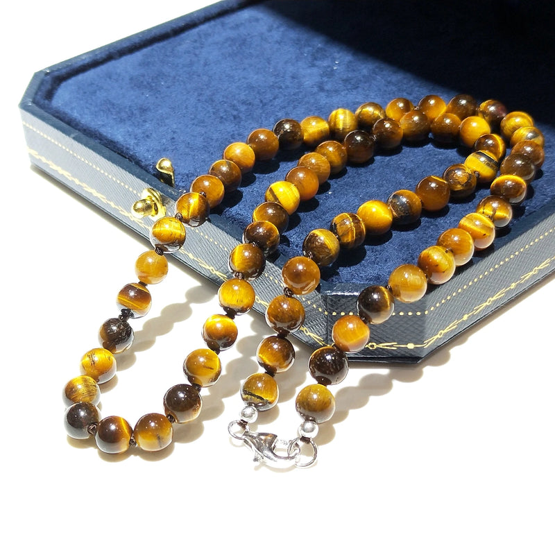 Tiger Eye Sterling Silver Necklace Platinum Clasp Men Women