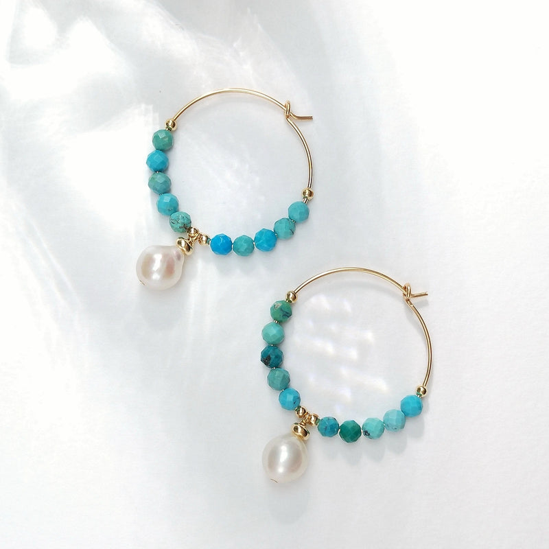 Turquoise Pearl 14K Filled 25mm Hoop Earrings Natural Stone