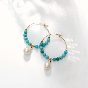 Turquoise Pearl 14K Filled 25mm Hoop Earrings Natural Stone