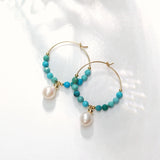 Turquoise Pearl 14K Filled 25mm Hoop Earrings Natural Stone