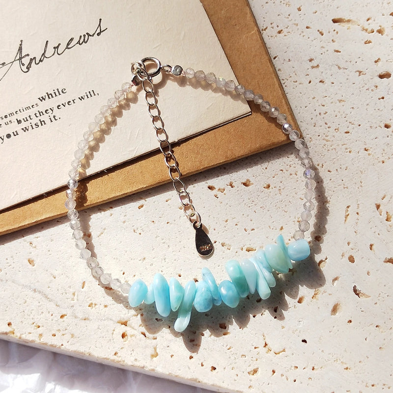 925 Silver Larimar Labradorite Beads Bracelet Women Jewelry Gift
